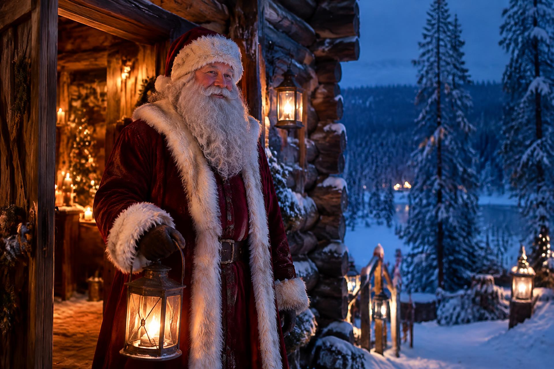 Santa Claus with a lantern at the door of a Lapland log cabin at blue hour